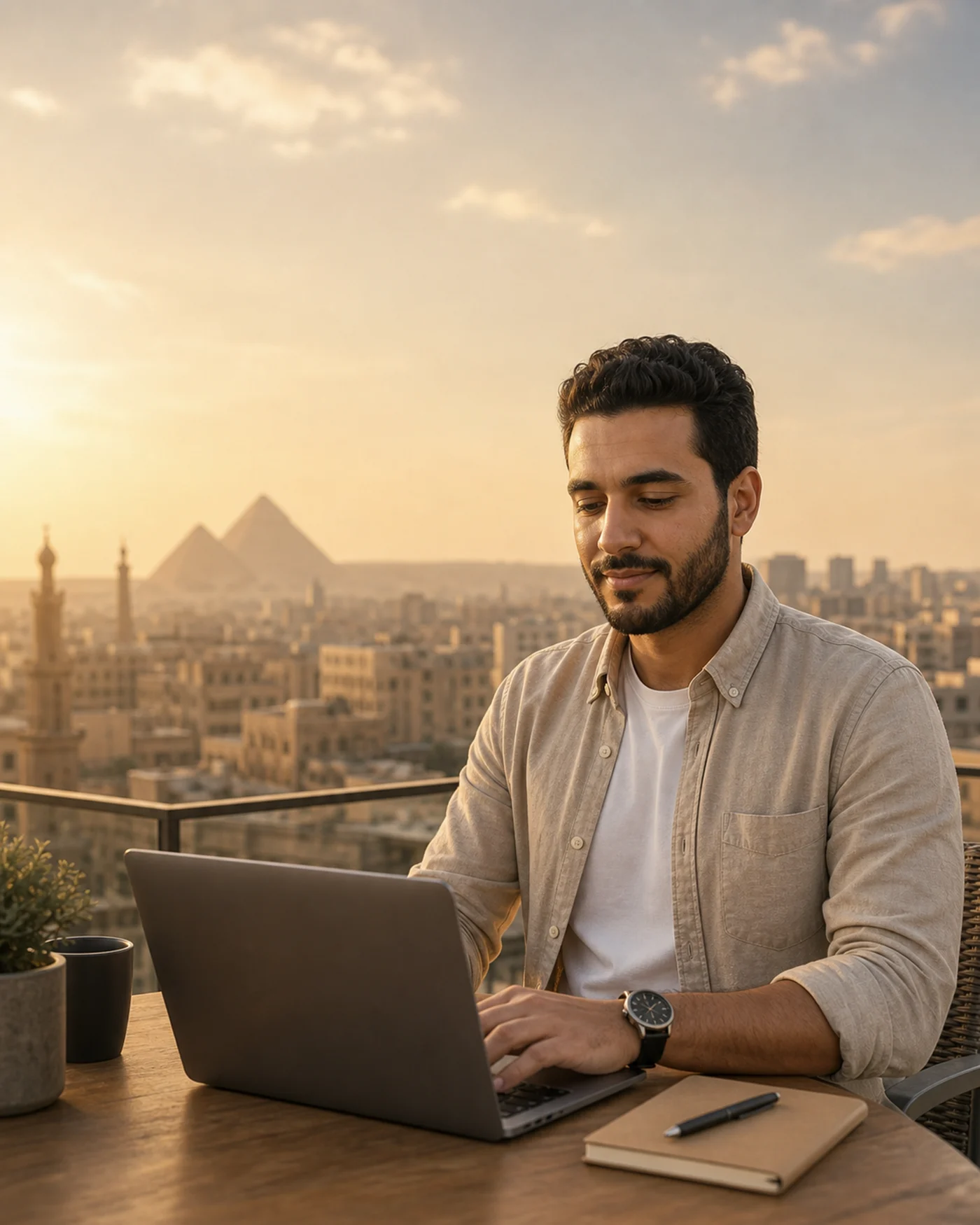 شاب متخصص ماسك لابتوب على خلفية مصر